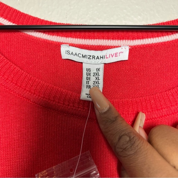 NEW Isaac Mizrahi Women Knit Top‎ 1X Hot Pink Red Mixed Media Polka Dot Trim - Picture 6 of 8